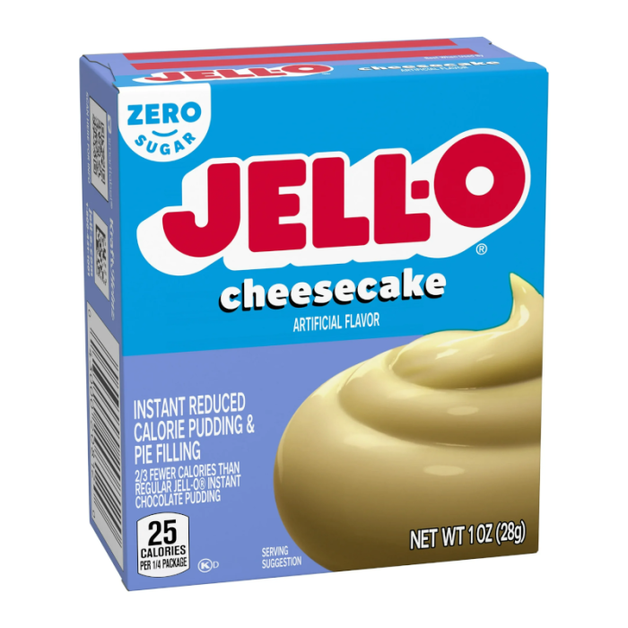 Front of Jell-O Sugar Free Cheesecake Pudding Instant Mix box featuring logo, cheesecake image, and 28g pack size details.