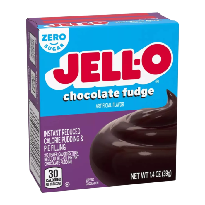 Front of Jell-O Sugar Free Chocolate Fudge Pudding Instant Mix box showing logo and chocolate fudge pudding image (28g pack)
