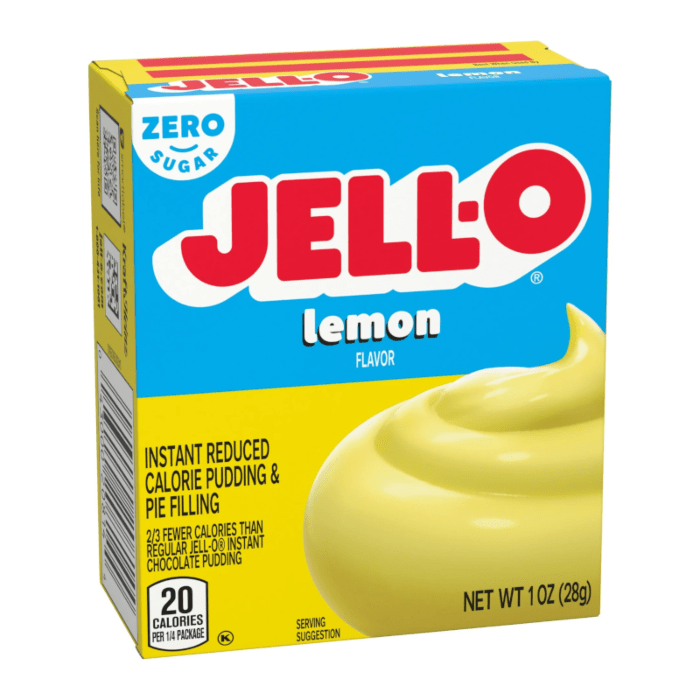 Front of Jell-O Sugar Free Lemon Pudding Instant Mix box showing bold red logo, lemon flavour label, and creamy pudding image (28g pack)