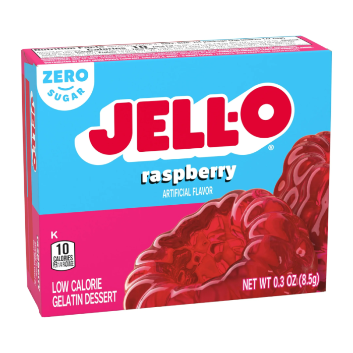Front of Jell-O Sugar Free Raspberry Gelatin box showing bright pink packaging with zero sugar label and vibrant gelatin dessert (8.5g)