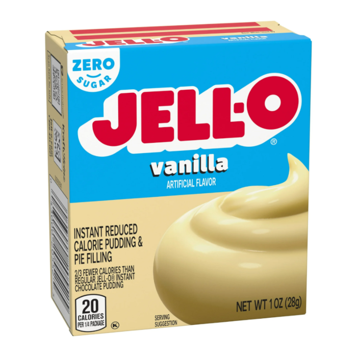 Front of Jell-O Sugar Free Vanilla Pudding Instant Mix box showing logo, vanilla flavour label, and creamy pudding image (28g pack)
