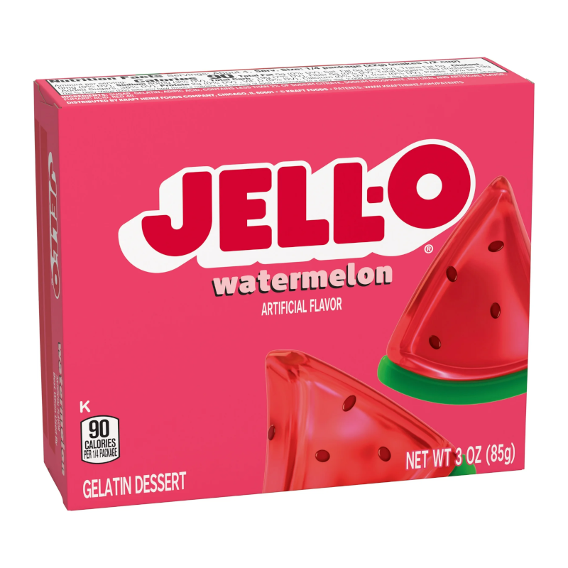Front of Jell-O Watermelon Gelatin box showing bold logo, watermelon flavour label, and gelatin dessert image (85g pack)