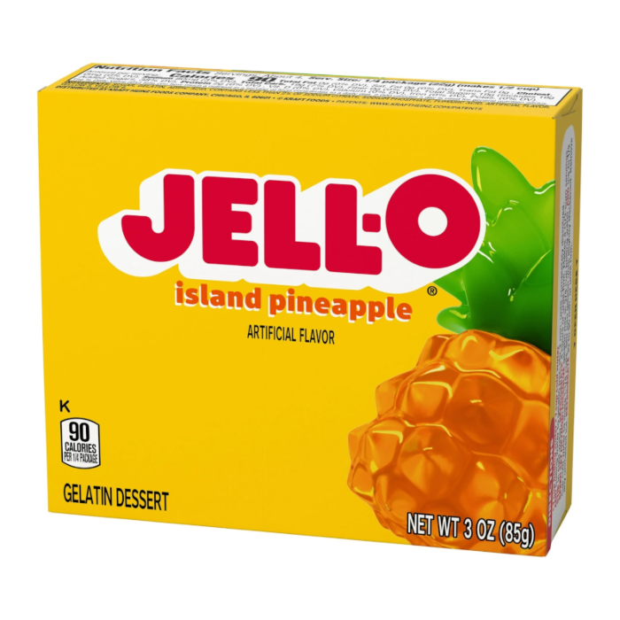 Front of Jell-O Island Pineapple Gelatin box showing bold red logo, pineapple flavour label, and image of a pineapple (85g pack)