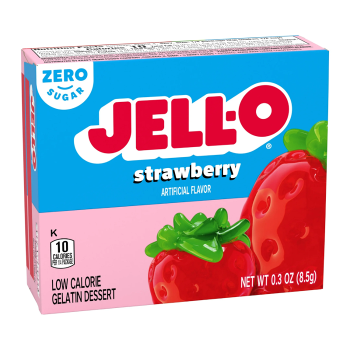 Front of Jell-O Sugar Free Strawberry Gelatin box featuring bright pink packaging, strawberry flavour text, and low-calorie label (8.5g pack)