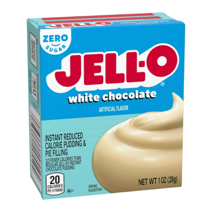 Front of Jell-O Sugar Free White Chocolate Pudding Instant Mix box showing blue packaging, white chocolate flavour label, and a creamy pudding image (28g pack)