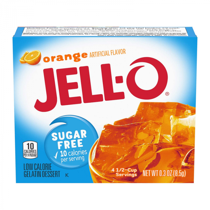 Front of Jell-O Sugar Free Orange Gelatin box displaying the orange flavour, low-calorie details, and serving size (8.5g pack)