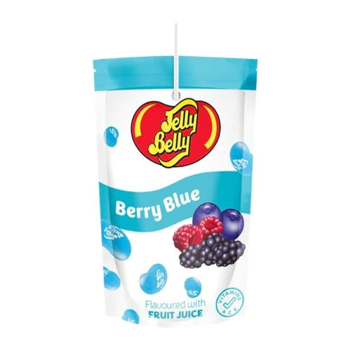 Front of Jelly Belly Berry Blue pouch showing the logo, berry flavour details, and image of berry illustrations (200ml pack)