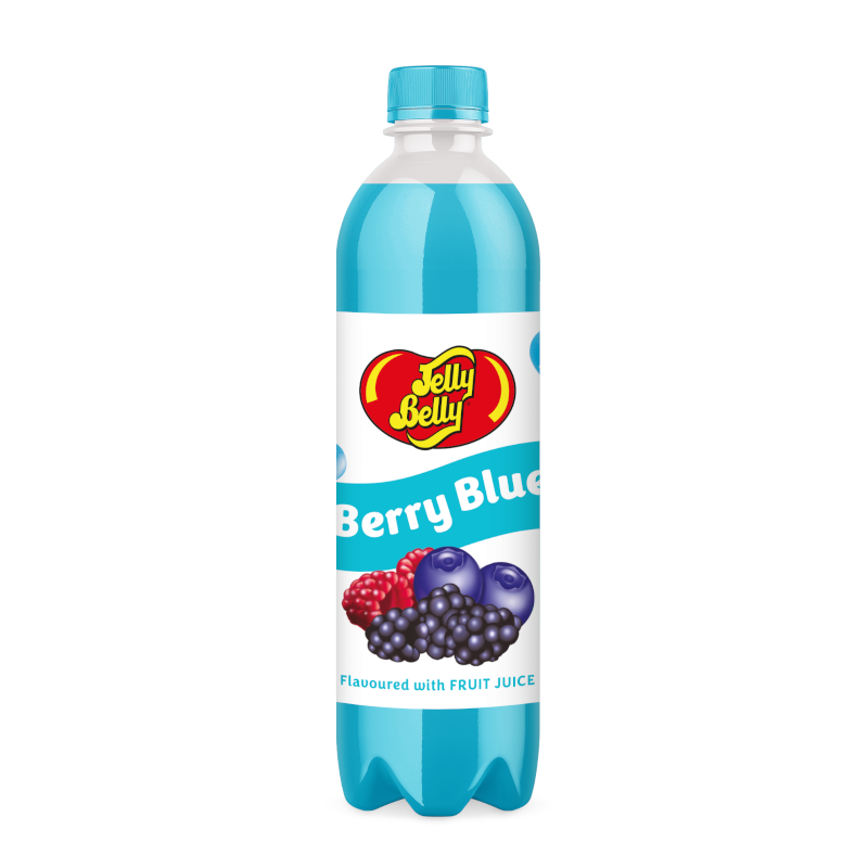 Front of Jelly Belly Berry Blue Soda bottle showing the logo, Berry Blue label, and images of berries, in a 500ml pack.