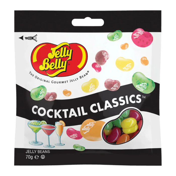 Front of Jelly Belly Cocktail Classics Jelly Beans (70g) bag featuring the Jelly Belly logo, colourful jelly beans and cocktail illustrations.