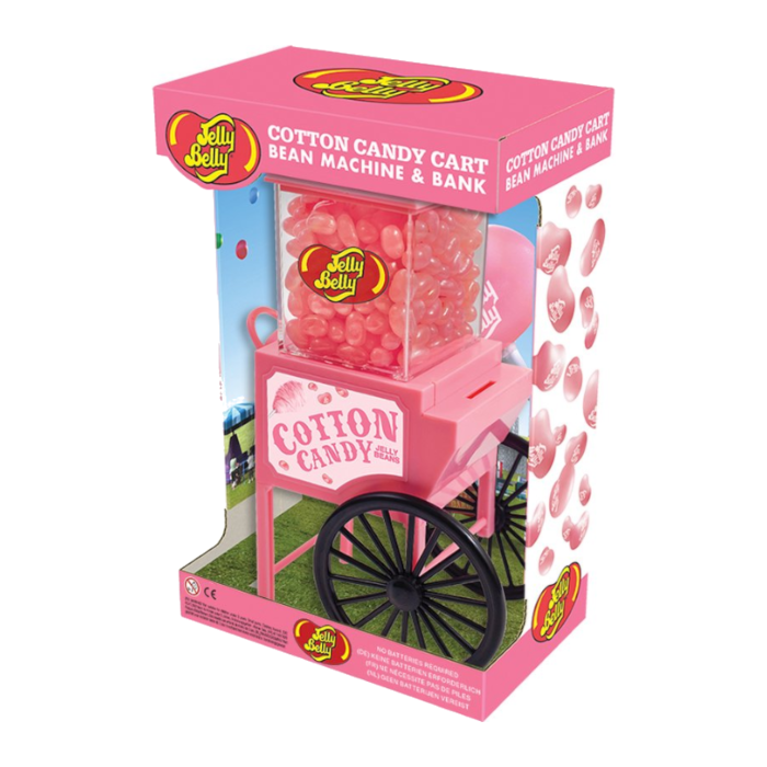 Front of Jelly Belly Cotton Candy Cart Dispenser featuring a pink cart design, with jelly beans visible and decorated with a cotton candy theme.