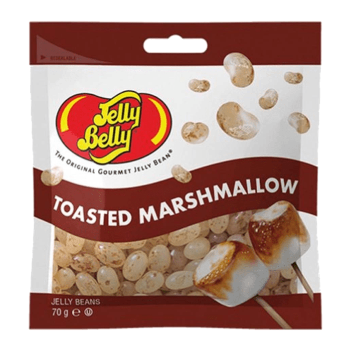 Front of Jelly Belly Toasted Marshmallow Jelly Beans bag showing the logo, toasted marshmallow flavour, and pack size of 70g.