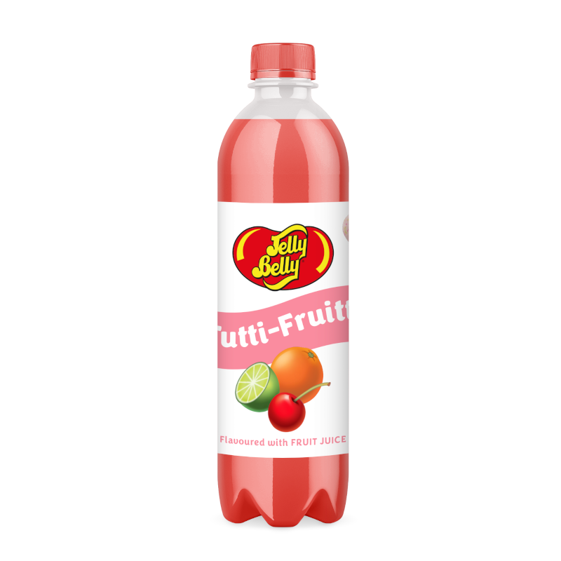 Front of Jelly Belly Tutti-Fruitti Soda bottle featuring the brand logo, Tutti-Fruitti flavour, and fruit illustrations (500ml)