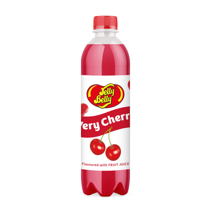 Front of Jelly Belly Very Cherry Soda bottle showing the logo, cherry flavour label, and pack size (500ml)