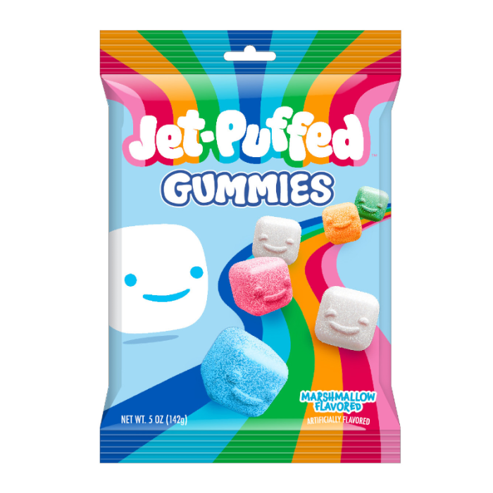Front of Jet-Puffed Gummies Peg Bag displaying colourful gummies, marshmallow flavour label, and pack size of 142g