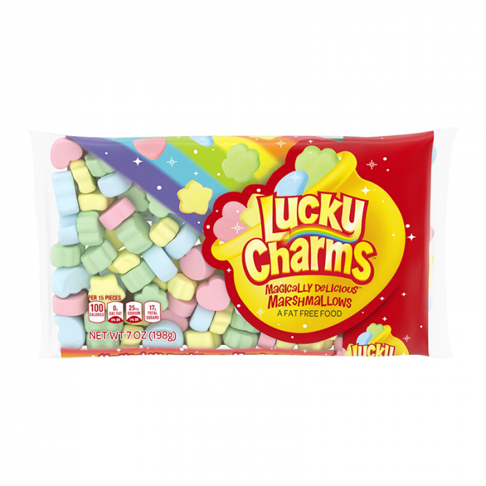 Front of Lucky Charm Marshmallows bag showing colourful marshmallows, logo, and packaging details (198g pack)