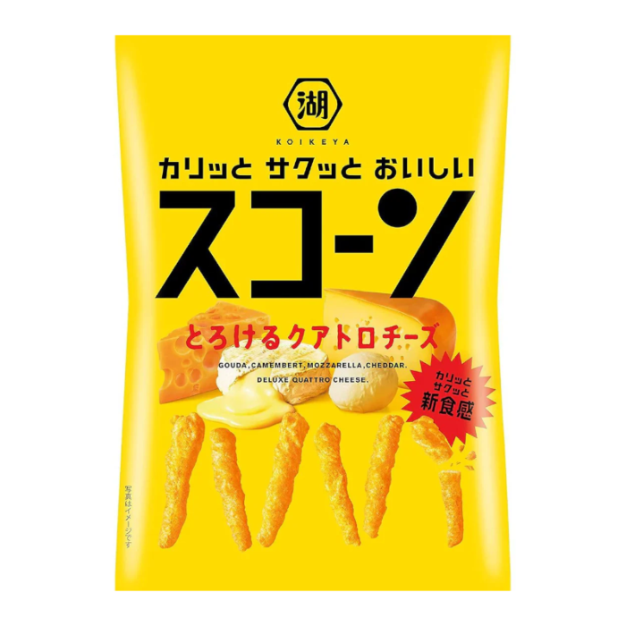 Front of Koikeya Scorn Quattro Cheese bag showing bold yellow packaging, images of Gouda, Camembert, Mozzarella, and Cheddar, and crispy cheese sticks (170g pack)