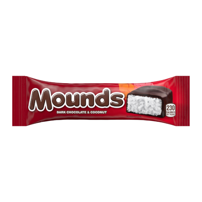 Front of Hershey's Mounds Bar showing dark chocolate and coconut label with 50g pack size.