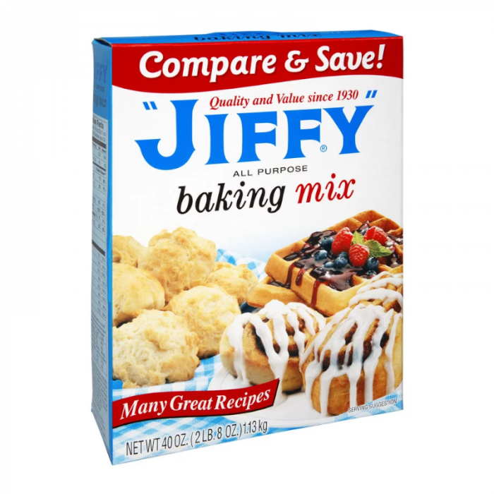 Front of Jiffy Baking Mix box showing the blue logo, all-purpose baking mix label, and images of baked goods (1130g pack)