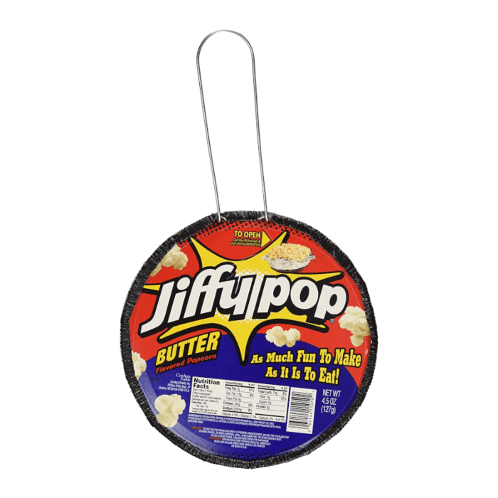 Front of Jiffy Pop Butter Popcorn with logo, butter-flavoured label, and 127g pack size.