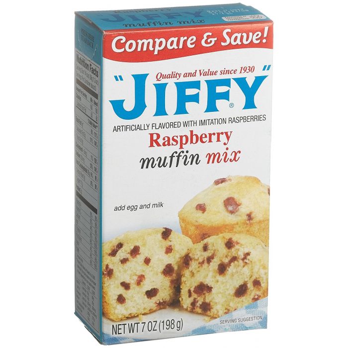 Front of Jiffy Raspberry Muffin Mix box displaying bright blue logo, raspberry flavour label, and images of muffins (198g pack)