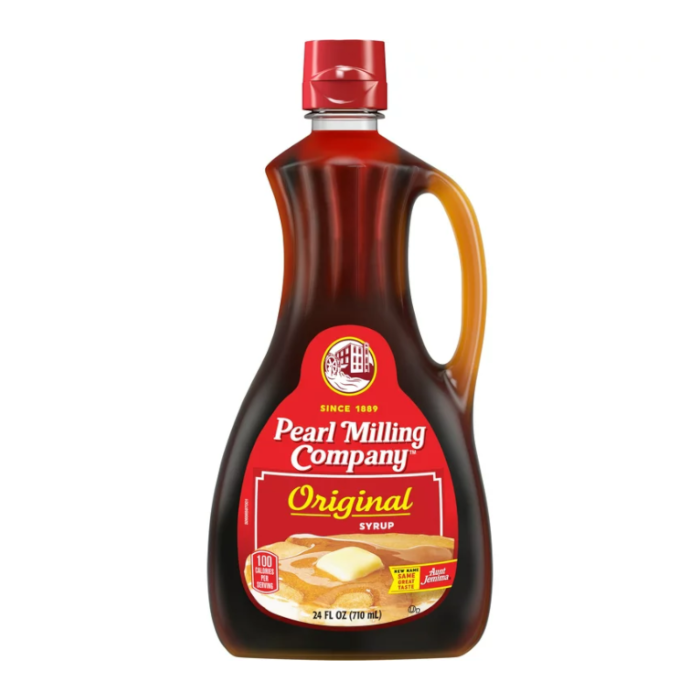 Front of Pearl Milling Company Original Pancake Syrup bottle with logo, pouring syrup over pancakes, 710ml pack