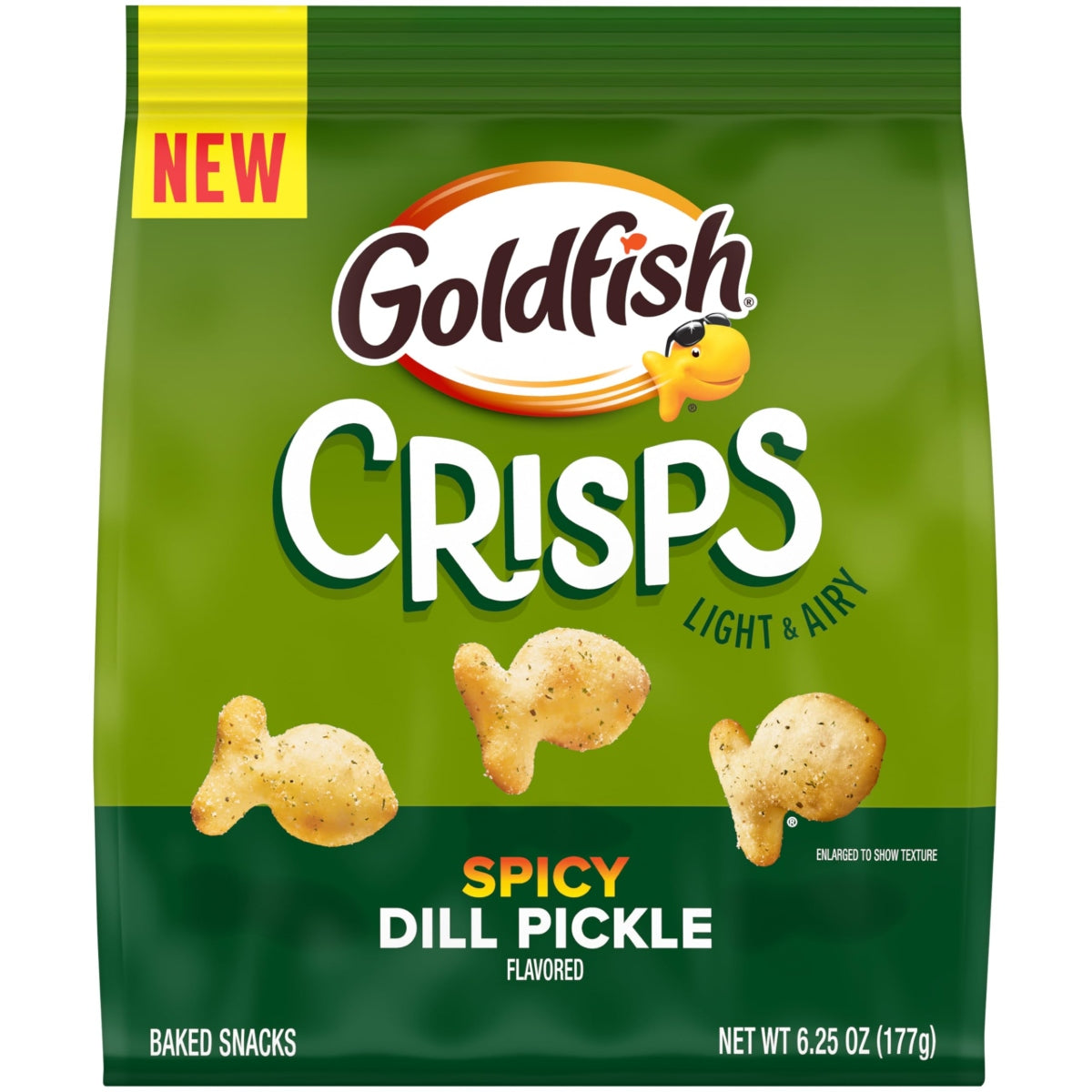 Front of a green bag of Pepperidge Farm Goldfish Crackers Spicy Dill Pickle (177g) showing logo, flavour title, and images of the crackers.