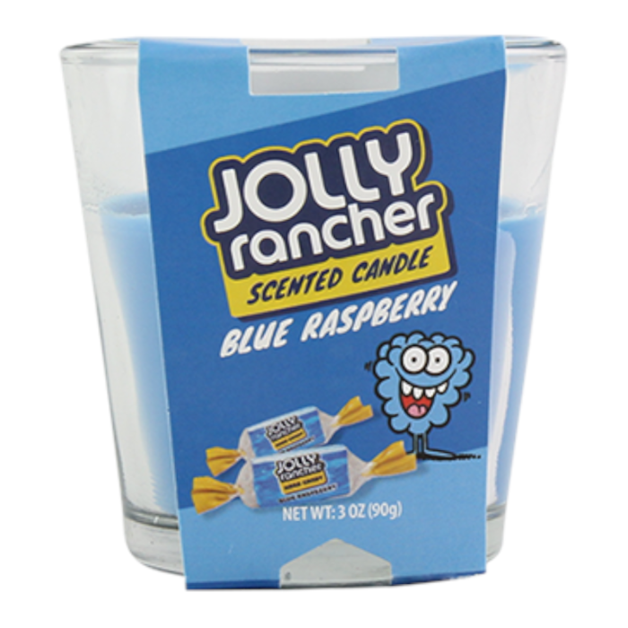 Front of Jolly Rancher Blue Raspberry Scented Candle (90g) showing blue wax, logo, and colourful graphics on the label