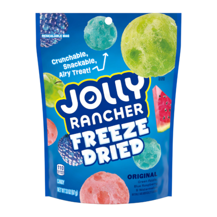 Front of Jolly Rancher Original Freeze Dried Candy bag showcasing the logo, flavour types of green apple, blue raspberry, and watermelon, and 87g pack size.