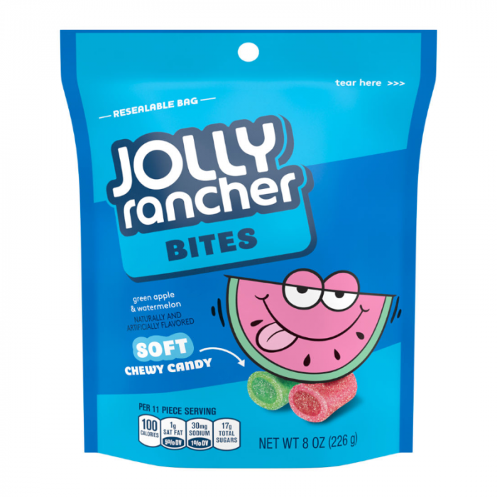 Front of Jolly Rancher Fruit Bites resealable pouch showing bright blue packaging, soft chewy candies in green apple and watermelon flavours, 226g quantity.