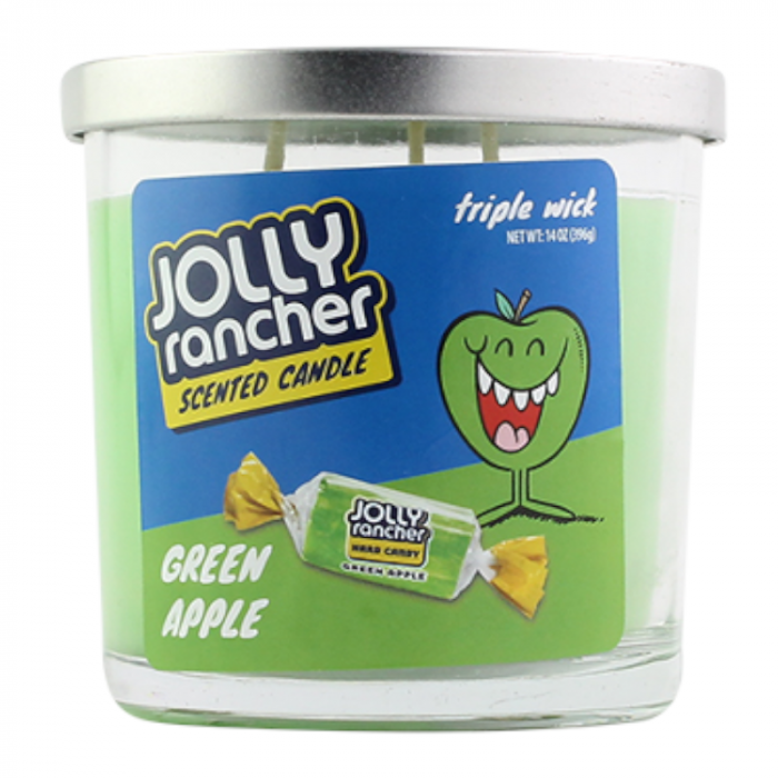 Front of Jolly Rancher Green Apple Triple Wick Scented Candle showing vibrant green label, brand logo, and image of green apple candy (396g pack)