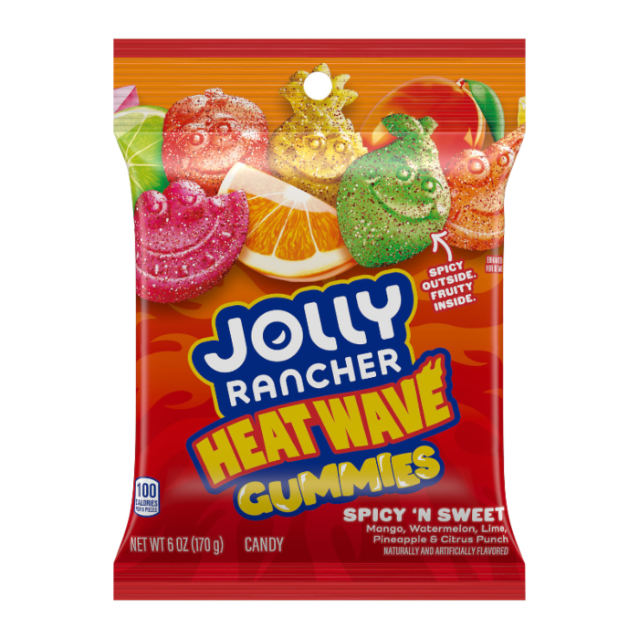 Front of Jolly Rancher Heat Wave Gummies bag featuring a bold logo, colourful gummy candies, and 'Spicy 'n Sweet' label (170g pack)
