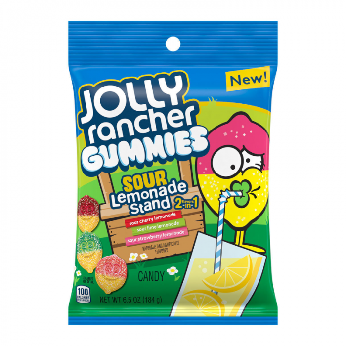 Front of a blue bag of Jolly Rancher Sour Gummies Lemonade Stand showing logo, flavour varieties, and vibrant gummy candy shapes (184g pack)