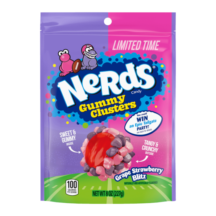 Front of Nerds Gummy Clusters bag showcasing the logo, Grape Strawberry Blitz flavour, and details about the candy in a 227g pack