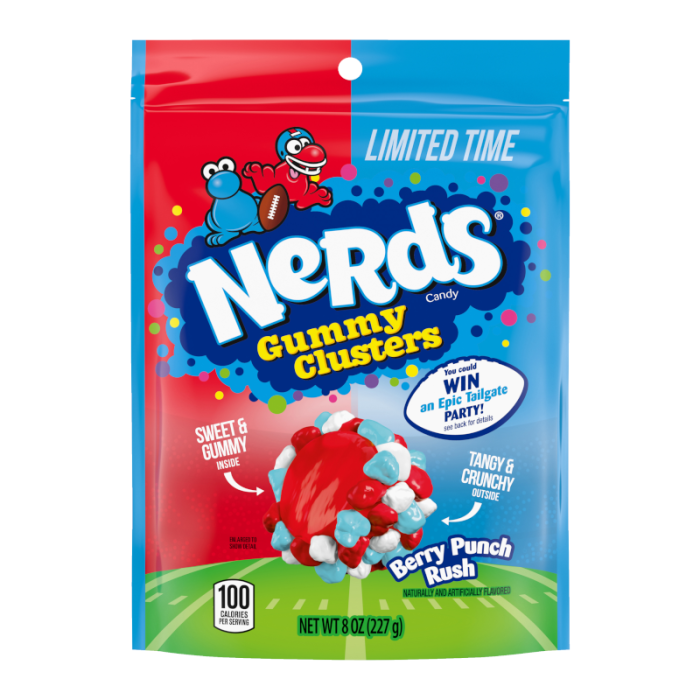 Front of Nerds Gummy Clusters packaging showing bold blue and red design, berry punch flavour label, and crunchy gummy clusters (227g pack)