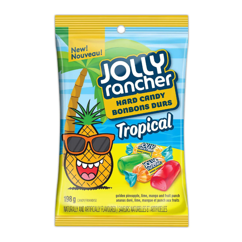 Front of Jolly Rancher Tropical Hard Candy bag featuring the logo, tropical flavours, and a fun pineapple character with sunglasses (184g pack)