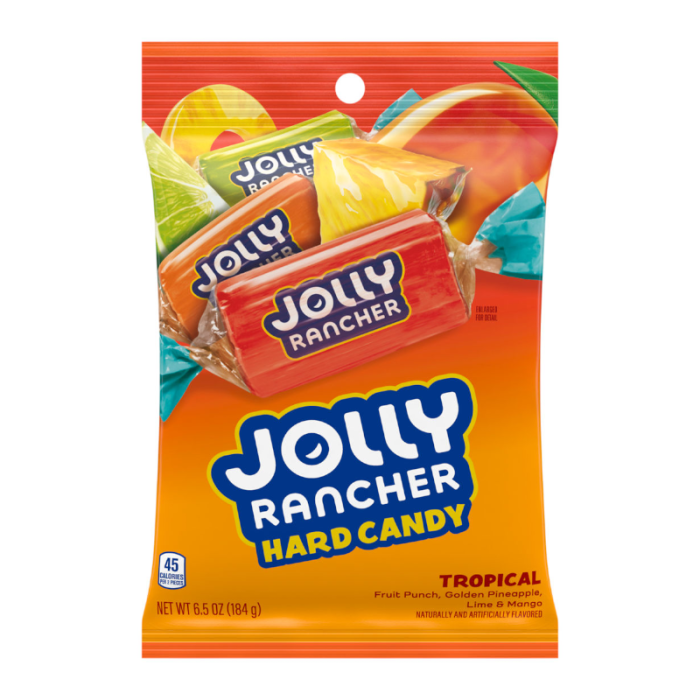 Front of Jolly Rancher Tropical Hard Candy bag showing the logo, tropical flavour description, and a variety of colourful candies (184g pack)