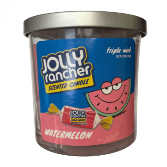 Front of Jolly Rancher Watermelon Triple Wick Scented Candle showing bright label with logo, watermelon graphic, and details (396g)