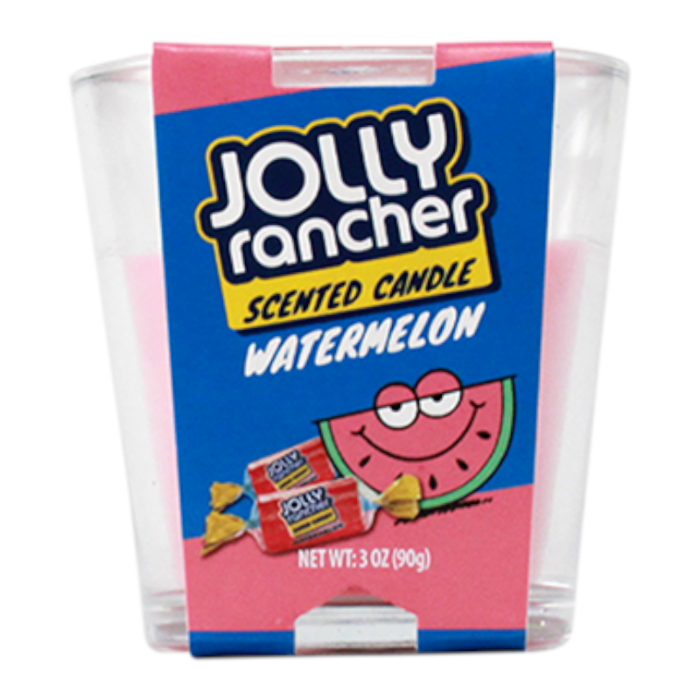 Front of Jolly Rancher Watermelon Scented Candle showing logo, watermelon flavour, and pink candle in a clear holder (90g)