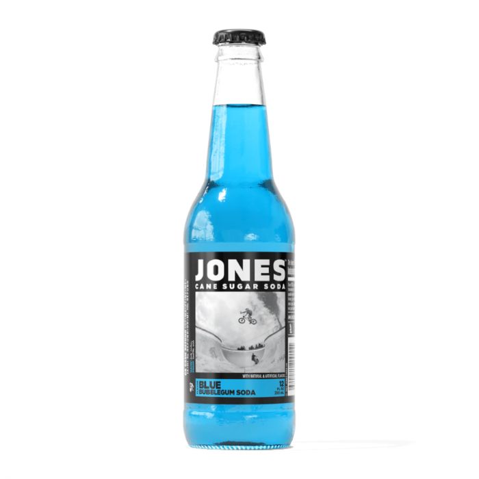 Front of Jones Soda Blue Bubblegum bottle showing bold black logo, vibrant blue beverage, and 355ml label details