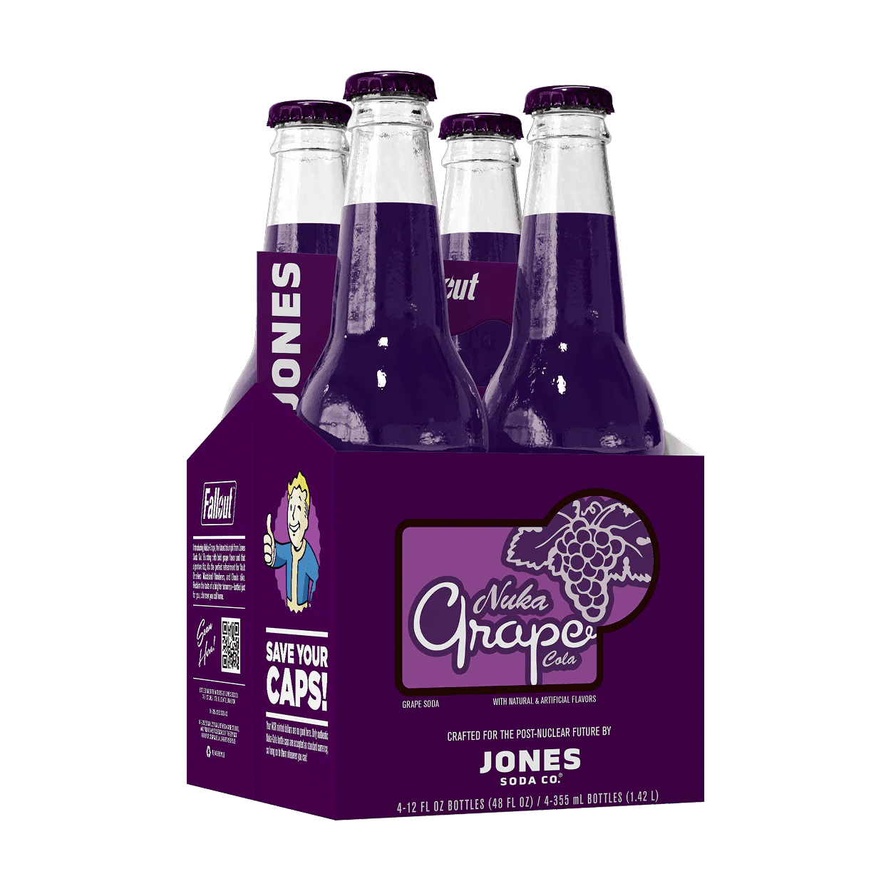 Front of a Jones Soda Fallout Nuka Cola Grape 4-pack showing vibrant purple label, grape flavour details, and 355ml bottles.