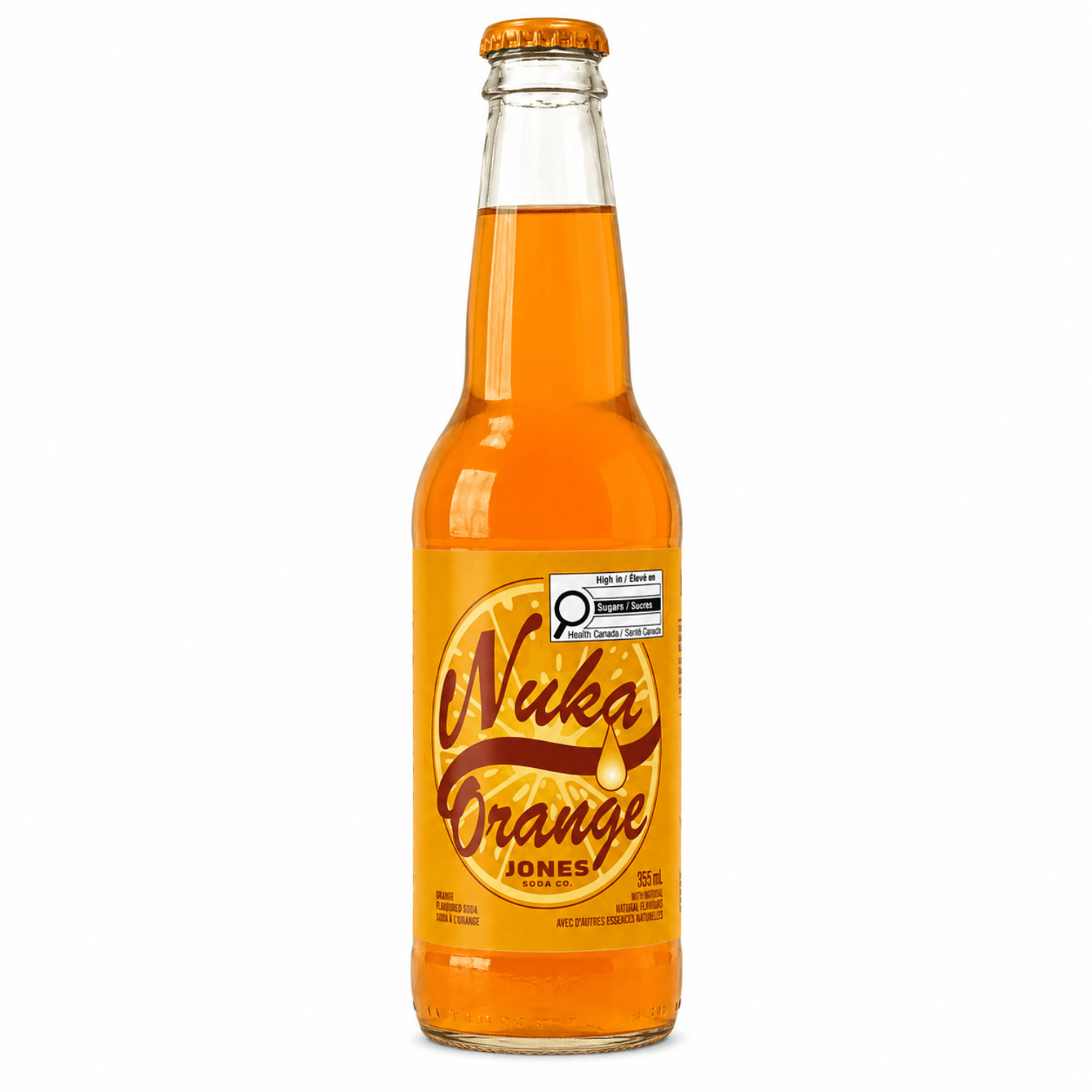 A glass bottle of Nuka Orange Jones soda with a bright orange liquid, a yellow label, and an orange cap, shown on a plain white background.