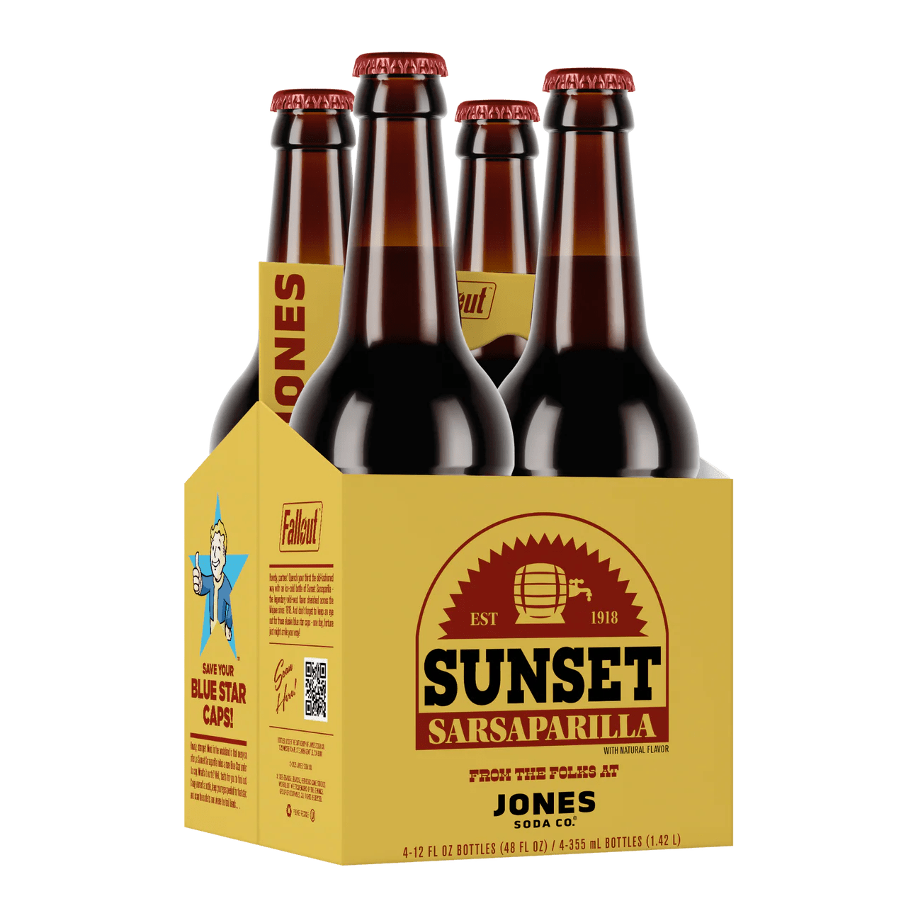 Front of Jones Soda Sunset Sarsparilla 4 pack of 355ml bottles showcasing the logo and vibrant yellow design