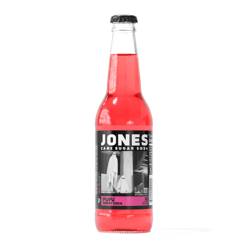 Front of Jones Soda Fufu Berry bottle showing bold black and white design, vibrant berry soda, and 355ml label.