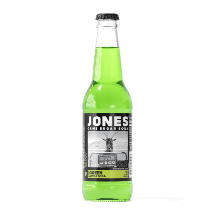 Front of Jones Soda Green Apple bottle with bold branding, vibrant green liquid, and 355ml size label
