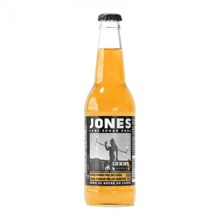 Front of a Jones Soda Sour Mango Melon bottle displaying its vibrant yellow drink, brand logo, and label details (355ml)