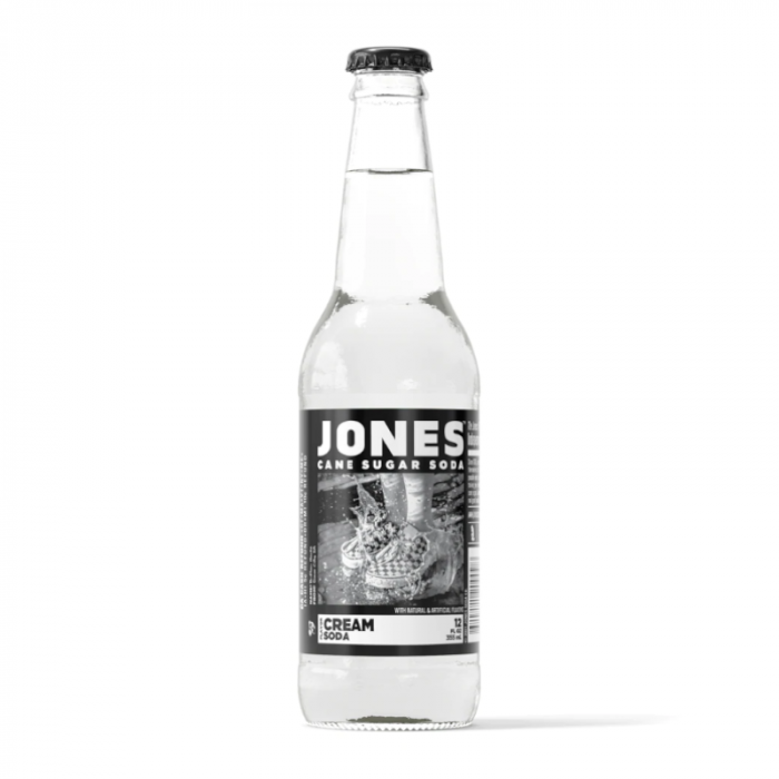 Front of Jones Soda Cream Soda bottle showing logo, cream soda flavour label, and 355ml pack size.