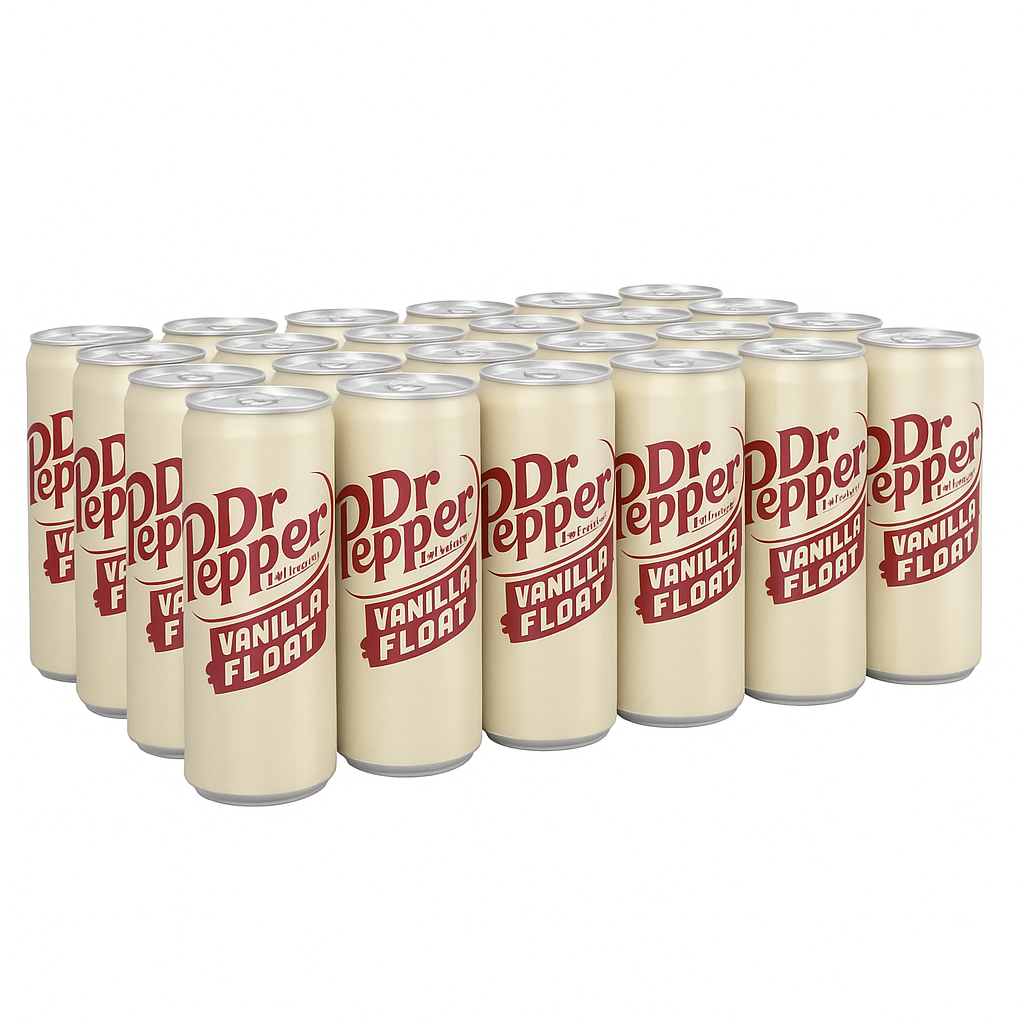 Front label of Dr Pepper Vanilla Float Slim Can Case of 24 (24 x 330ml), displaying flavour and branding.