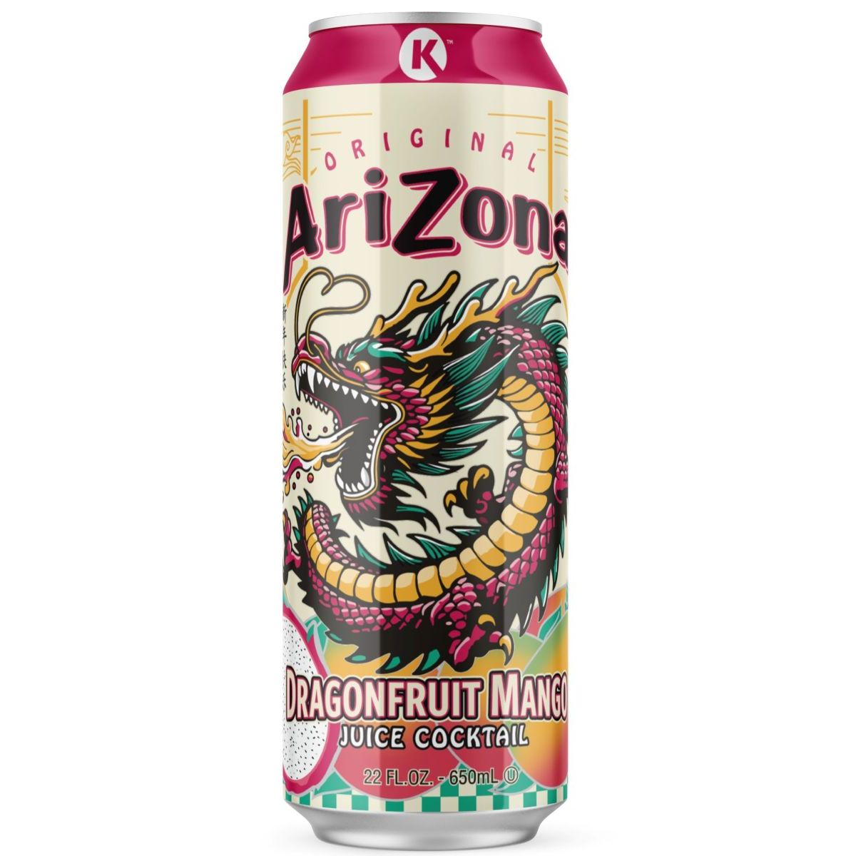 Front of Arizona Dragonfruit Mango can featuring a vibrant dragon design, logo with "Dragonfruit Mango Juice Cocktail," and 650ml volume