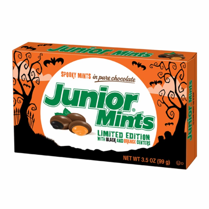 Front of Junior Mints Halloween Theatre Box showing spooky mints in pure chocolate with black and orange centres (99g pack)