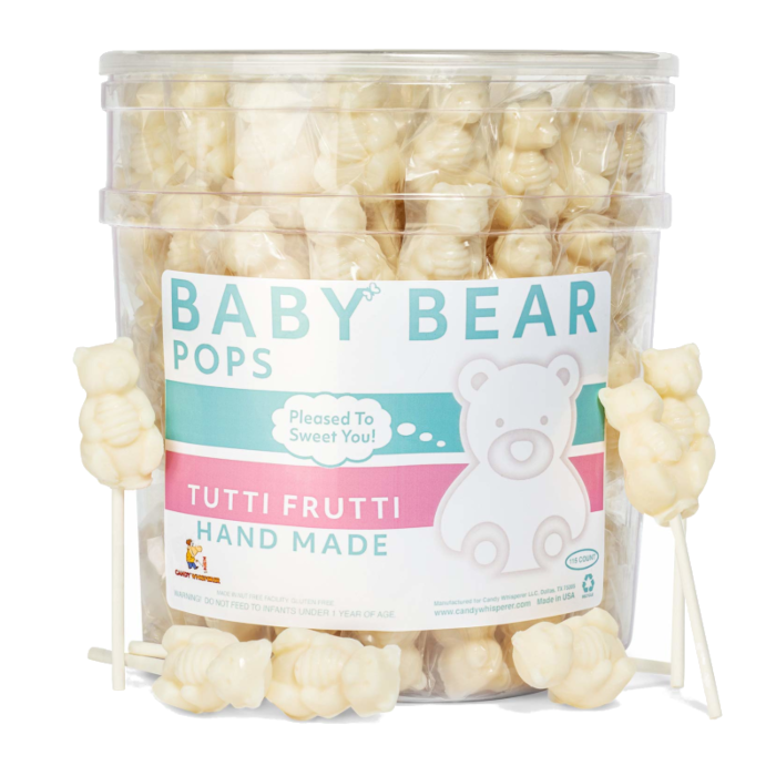 Front of Espeez Baby Bear Pops Tutti Frutti tub showing the logo, colourful bear pops, and the 21g label.